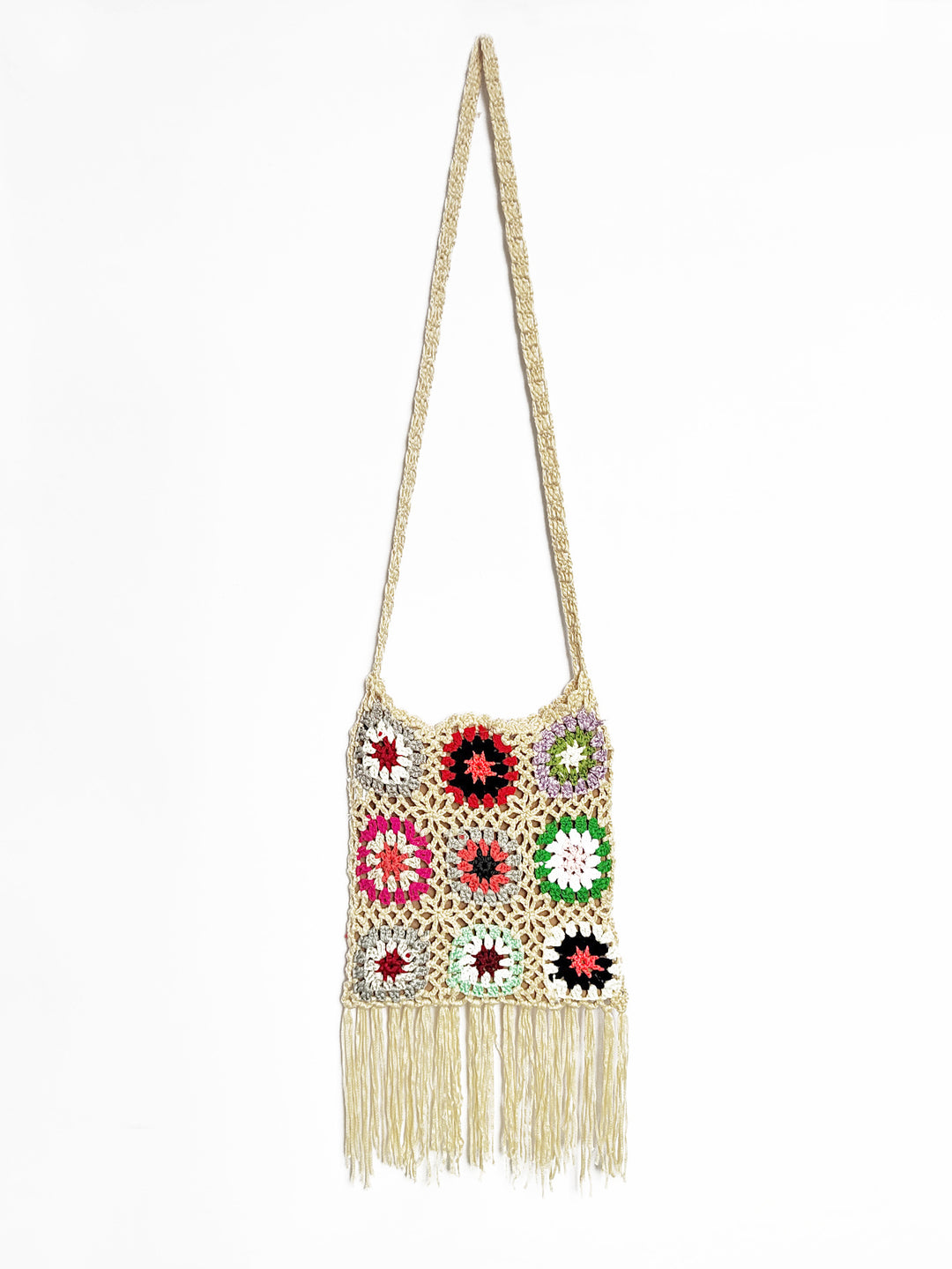 Damen gehäkelte Umhängetasche mit bunten Blumenmustern und Fransen EB