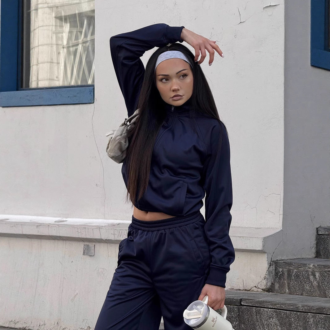 Damen Cropped-Trainingsjacke und hochtaillierte Jogginghose Set aus funktionalem Polyester EB