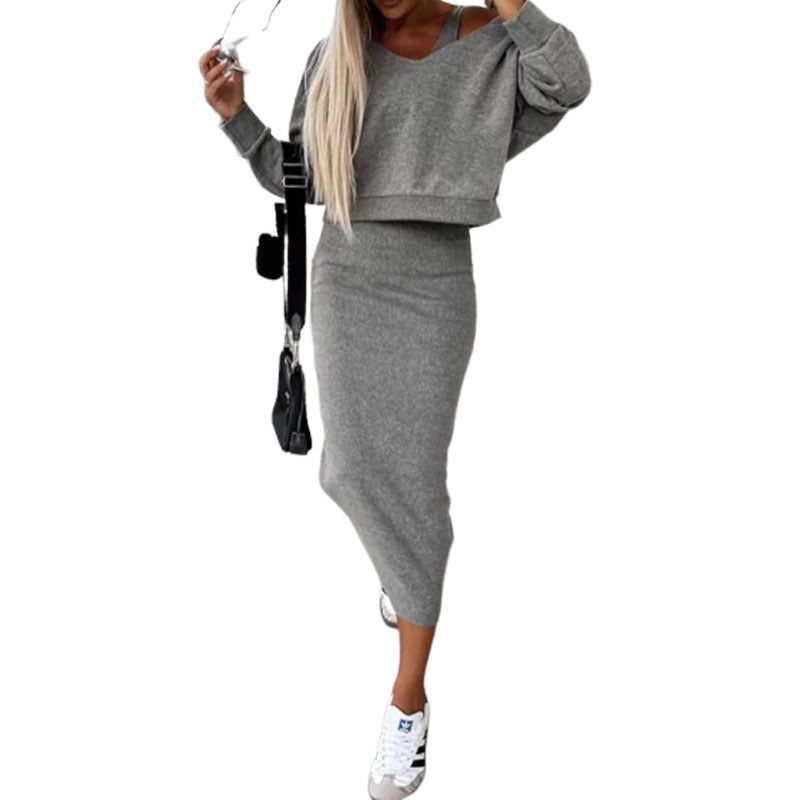 Damen lässiges Set aus cropped Pullover und figurbetonendem Midi-Rock EB