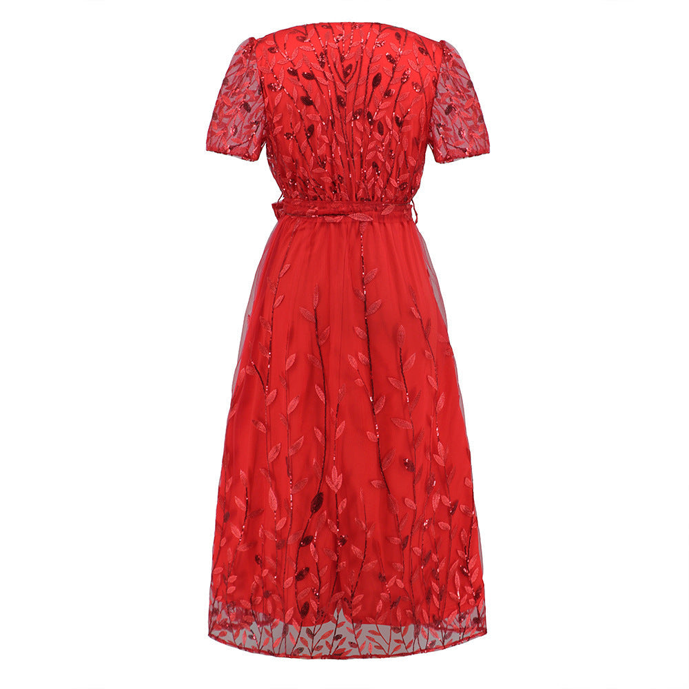EB | Kurzärmliges Kreuz V-Ausschnitt Gürtel Midi Kleid
