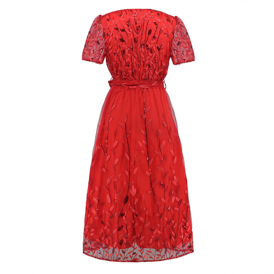 EB | Kurzärmliges Kreuz V-Ausschnitt Gürtel Midi Kleid