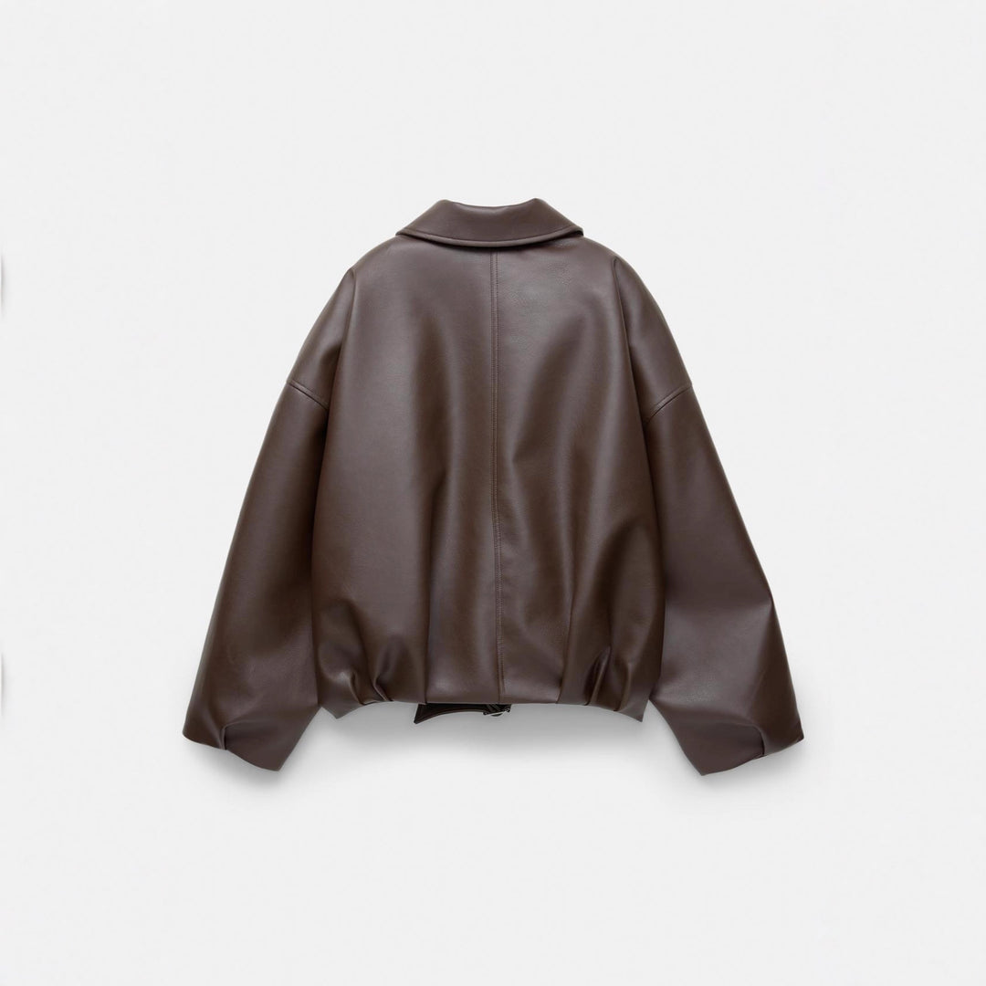 Damen nan kurz geschnittene Kunstlederjacke mit durchgehendem Reißverschluss und taillierendem Gürtel EB
