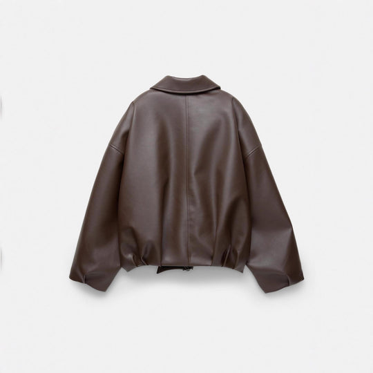 Damen nan kurz geschnittene Kunstlederjacke mit durchgehendem Reißverschluss und taillierendem Gürtel EB