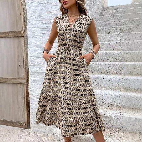 Damen Maxikleid mit Knopfleiste und elastischer Taille EB