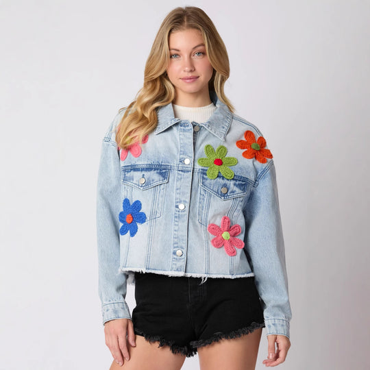 Damen Jeansjacke mit buntem Rugby-Print und lässigem Schnitt EB