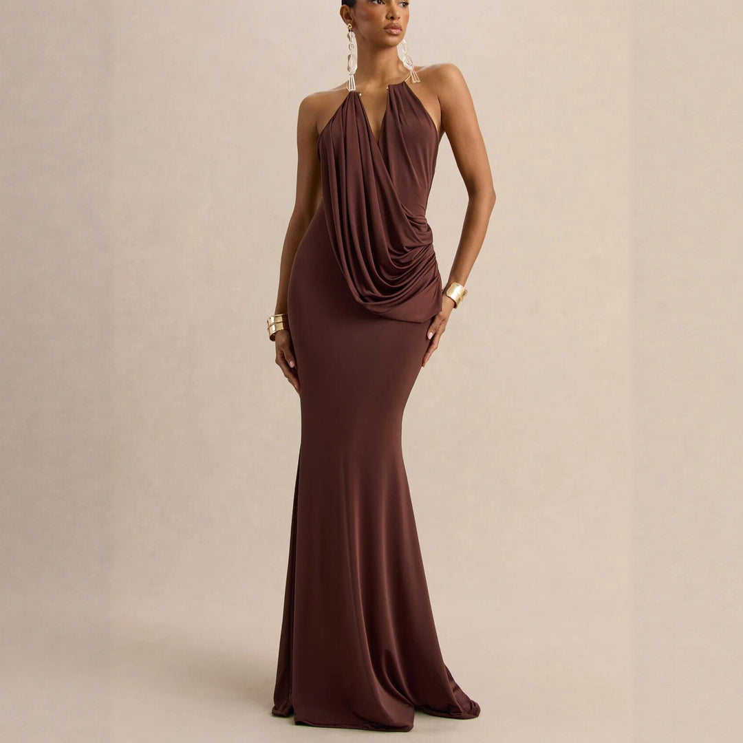 Damen Raffiniertes Maxikleid mit tiefem V-Ausschnitt und Drapierung EB