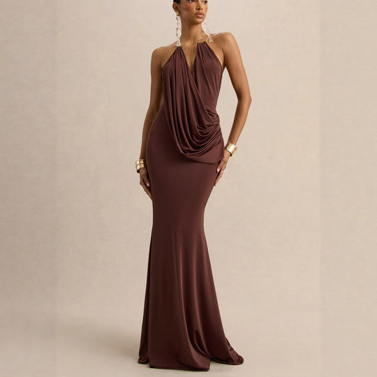 Damen Raffiniertes Maxikleid mit tiefem V-Ausschnitt und Drapierung EB