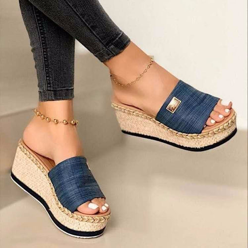 Damen Wedge-Pantoletten mit eleganter Strickoberfläche und modischem Blockabsatz EB