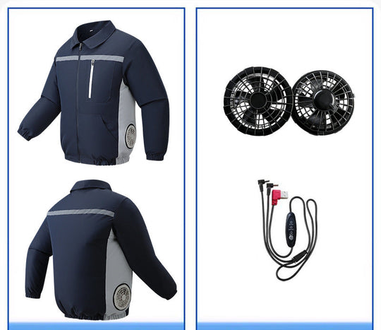 Unisex nan ventilated work cooling jacket with side vent inserts, removable battery compartment and reflective inserts EB
