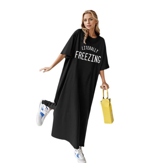 Damen nan lässiges Oversize Maxi-T-Shirt-Kleid mit Rundhals und Statement-Print EB