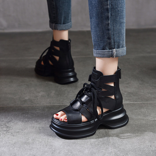 Damen modische Plateau-Sandalen mit durchlässigem Leder und innovativem Schnürsystem EB
