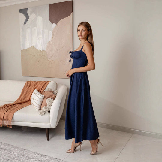 Damen Midikleid mit Bindegürtel und schwingendem Rock EB