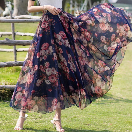 Damen nan lange plissierte Maxirock mit floralem Sommerprint und elastischem Bund EB