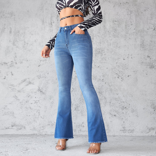 Damen Flared Jeans mit hohen Bund und ausgefranstem Saum EB
