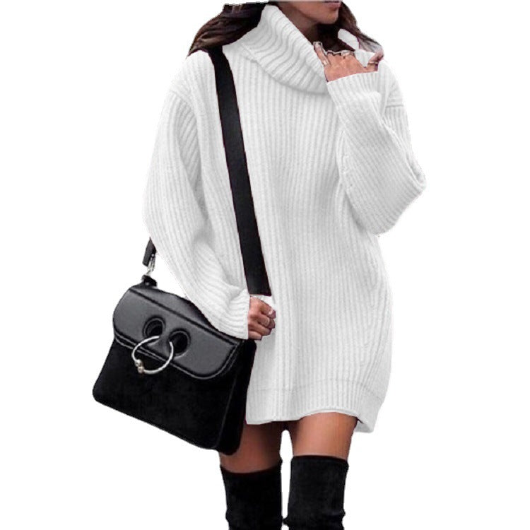 Damen Strickkleid mit hohem Kragen und Rippenstruktur EB
