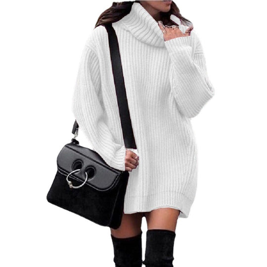 Damen Strickkleid mit hohem Kragen und Rippenstruktur EB