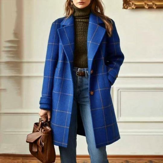 Damen nan karierter Wollmix Mantel mit Reverskragen, aufgesetzten Taschen und taillierter Silhouette EB