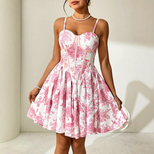 Damen Blumenkleid mit Korsett-Oberteil und schwingendem Rock EB