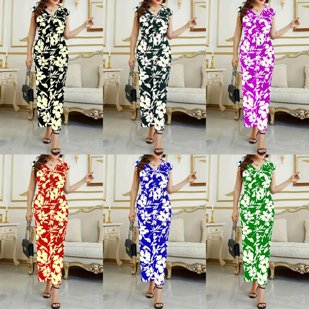 Damen Maxikleid mit floralen Akzenten und elegantem V-Ausschnitt EB