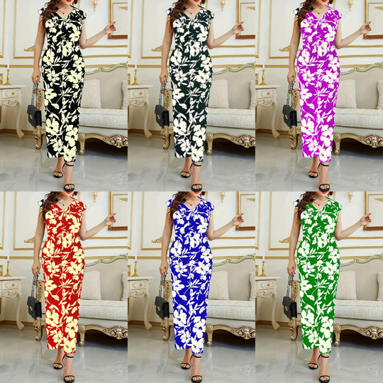 Damen Maxikleid mit floralen Akzenten und elegantem V-Ausschnitt EB
