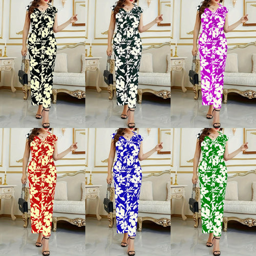 Damen Maxikleid mit floralen Akzenten und elegantem V-Ausschnitt EB