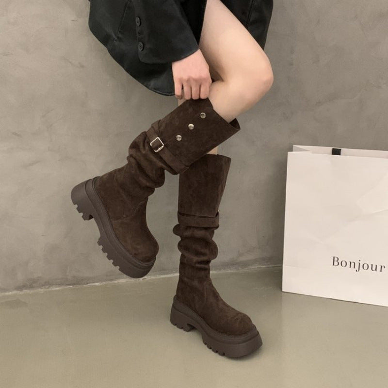 Damen Elegante Overknee-Stiefel mit modischem Riemen und Knopfdetails EB
