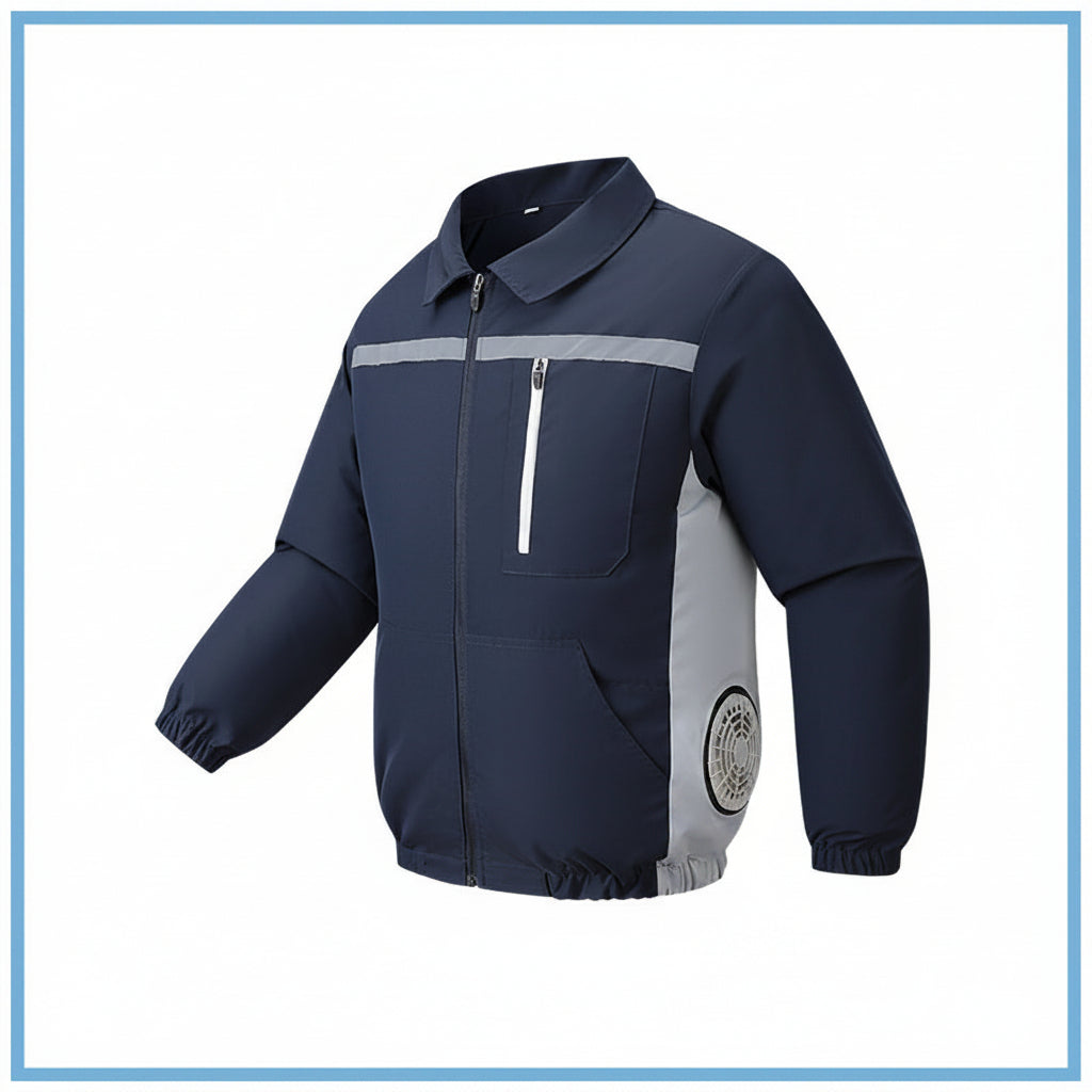 Unisex nan ventilated work cooling jacket with side vent inserts, removable battery compartment and reflective inserts EB