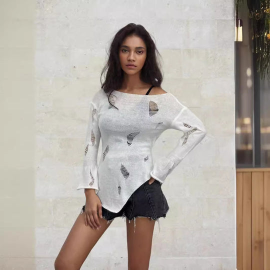 Damen Strickpullover mit lässiger, aufgerissener Optik und weitem Schnitt EB