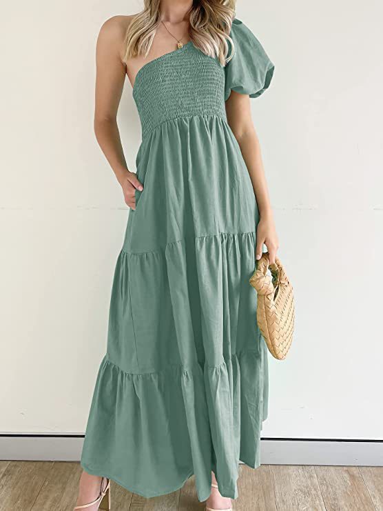 Damen Maxikleid mit asymmetrischem Träger und fließendem Schnitt EB