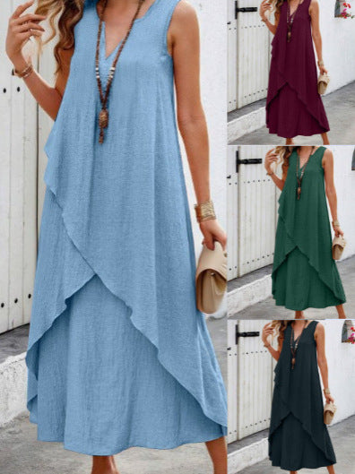 Damen Lässiges Maxikleid mit überlappendem Volant und modernem V-Ausschnitt EB