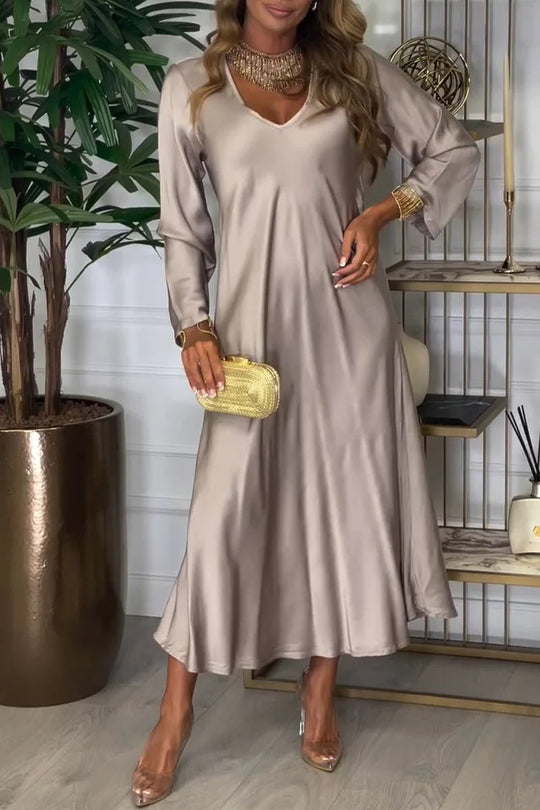Damen elegantes Maxikleid mit tiefem V-Ausschnitt und fließendem Schnitt EB