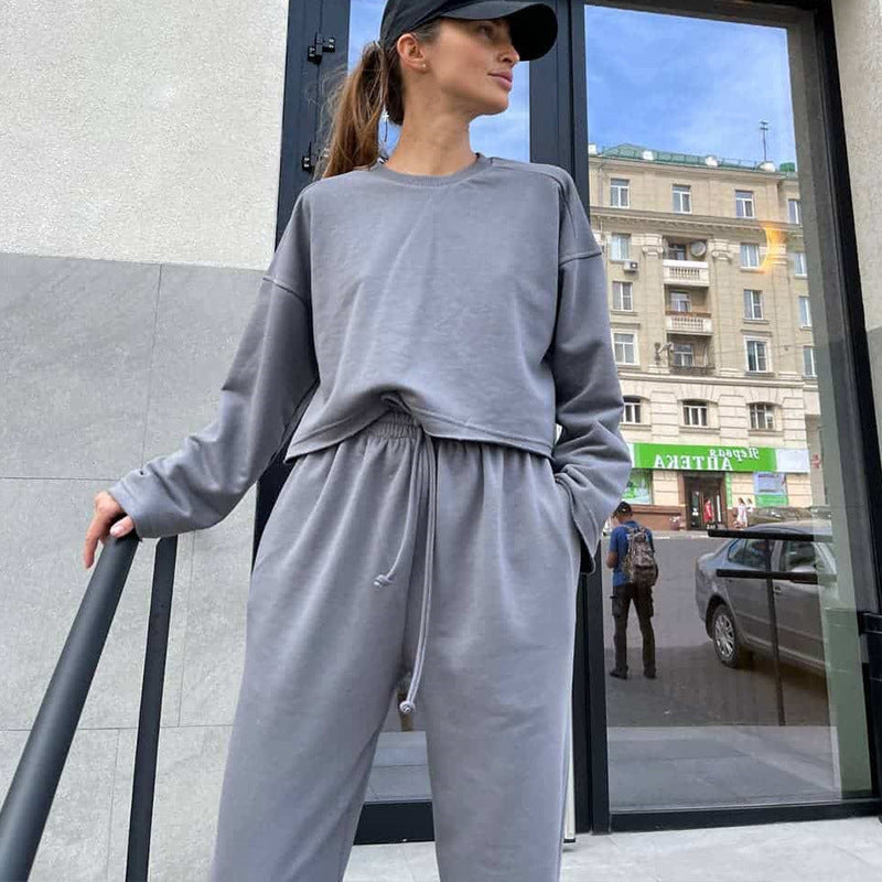 Damen lässiges Oversize-Lounge-Set mit weitem Crewneck-Sweater und elastischer Kordelbund-Jogginghose EB