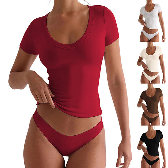 Damen figurbetontes V-Neck T-Shirt mit kurzen Ärmeln EB