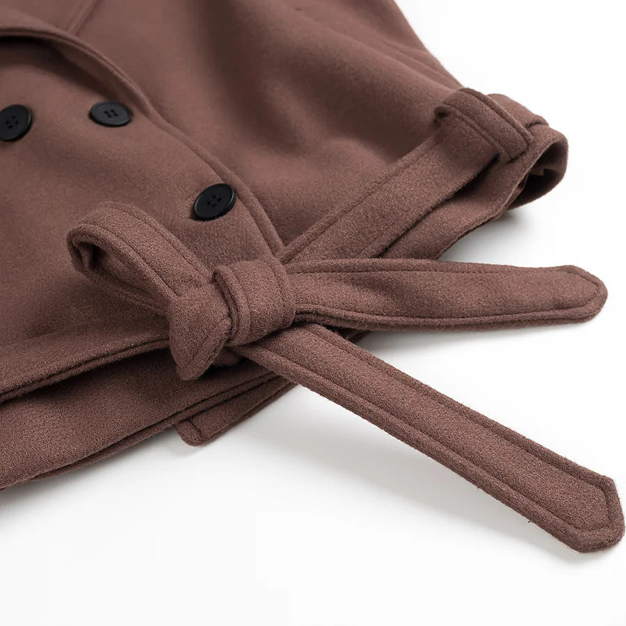 Damen elegante Kurzmantel mit doppelter Knopfreihe und Taillengürtel EB