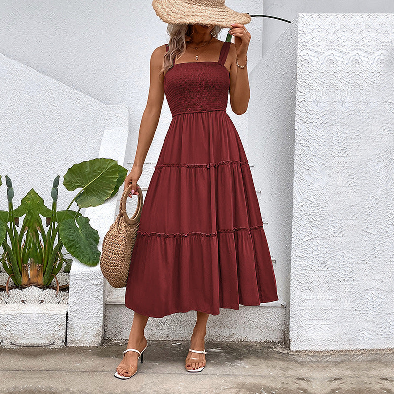 Damen Midikleid mit elastischem Oberteil und fließendem Rock EB