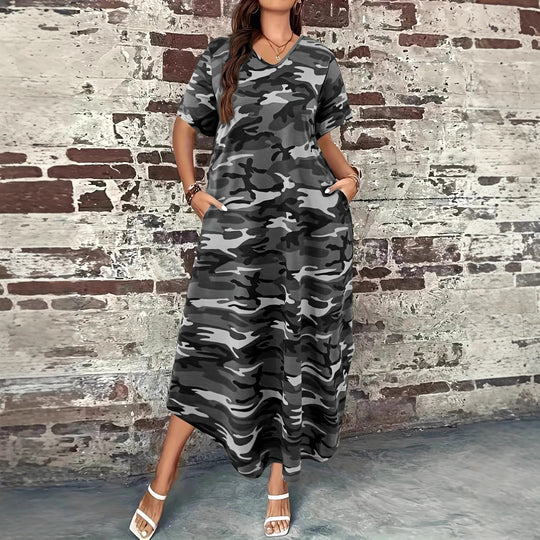 Damen Maxi-Kleid mit modernem Camouflage-Design und praktischen Taschen EB