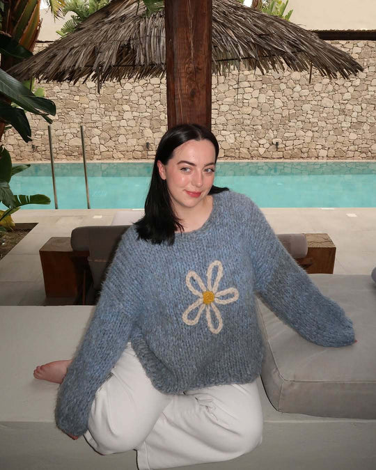 Damen lässiger Strickpullover mit floralem Motiv und oversized Schnitt EB