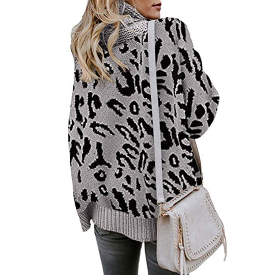 Damen Oversized Strickpullover mit Leopardenmuster und hohem Kragen EB