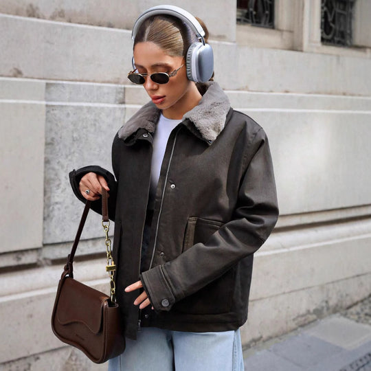 Damen lässige Übergangsjacke mit Kunstfellkragen und praktischen Taschen EB