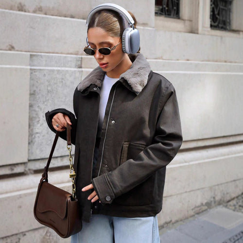Damen lässige Übergangsjacke mit Kunstfellkragen und praktischen Taschen EB