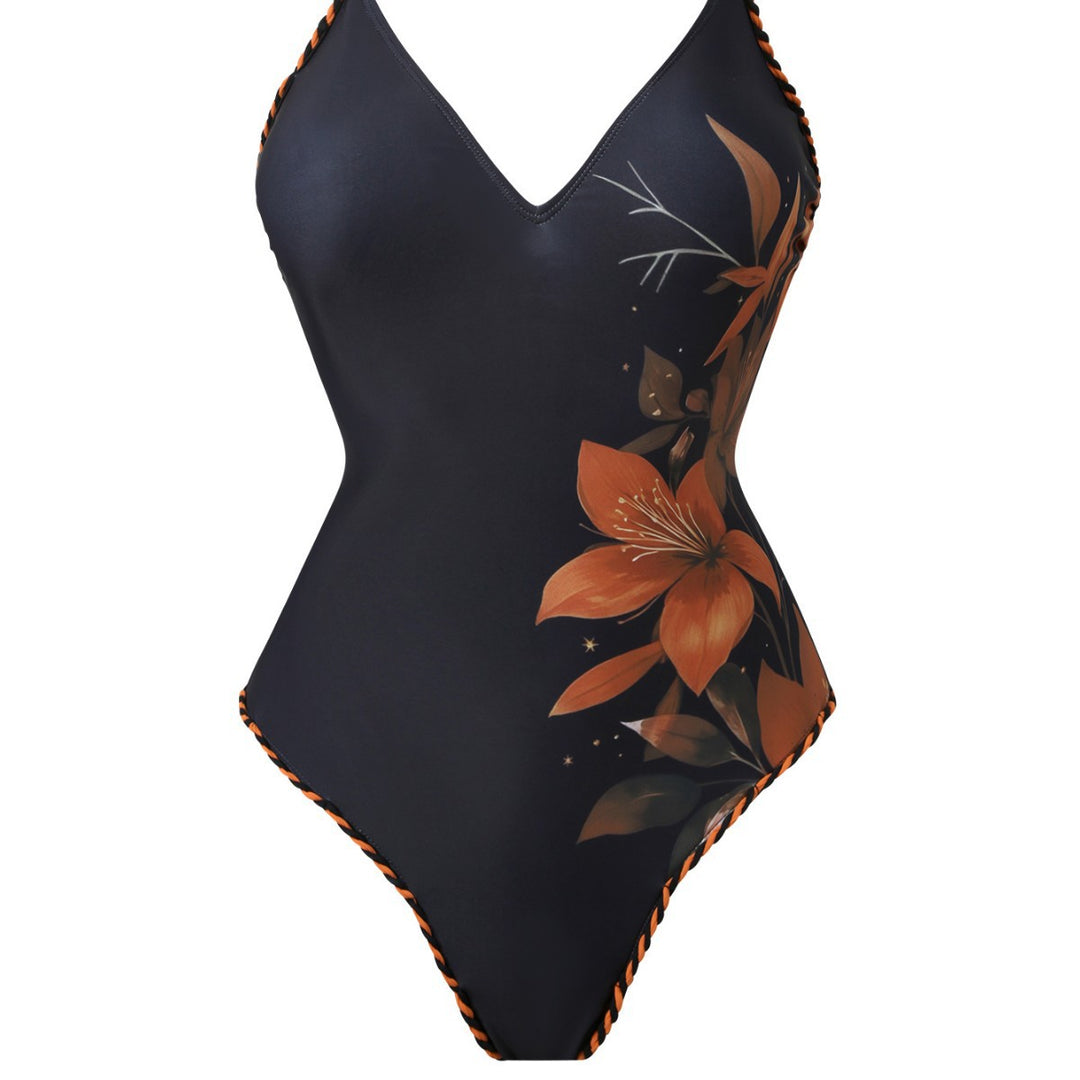 Damen Mode-Badeanzug mit floralem Design und transparentem Wickelrock EB