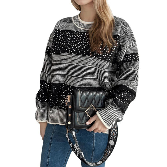 Damen modischer Pullover mit funkelnden Applikationen EB