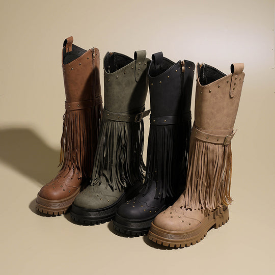 Damen Overknee-Stiefel mit modischem Fransen-Design und robustem Profil EB