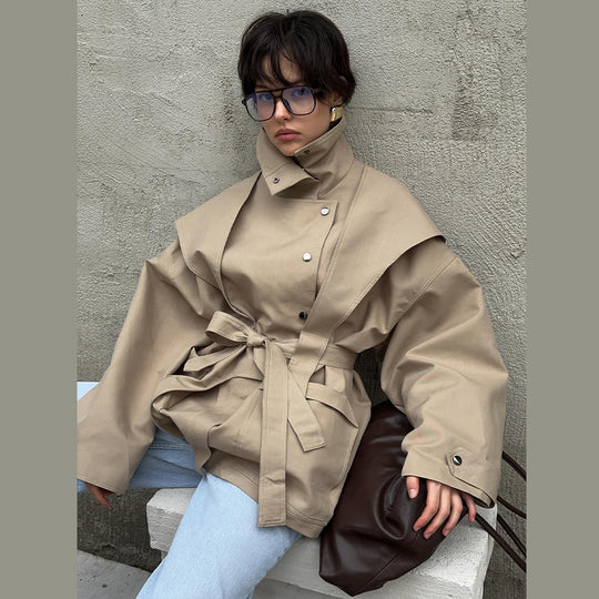 Damen Modische Übergangsjacke mit hohem Kragen und Bindegürtel EB