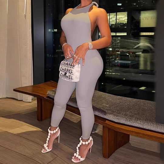 Damen Eleganter Einteiler mit tiefem Rückenausschnitt und asymmetrischem Design EB