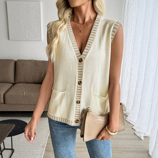 Damen Strickweste mit Knopfleiste und Taschen EB