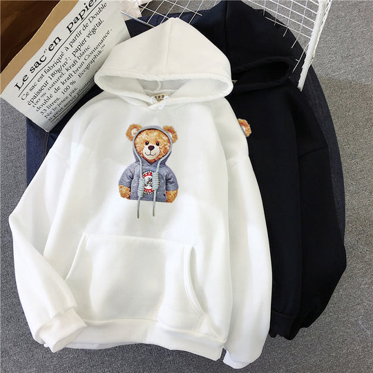Unisex nan lässiger Oversize Kapuzenpullover mit Teddy-Frontprint, Kängurutasche und weichem Fleece-Innenfutter EB