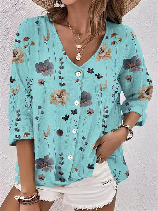 Damen lässige Bluse mit floralem Design und modernen Knopfdetails EB