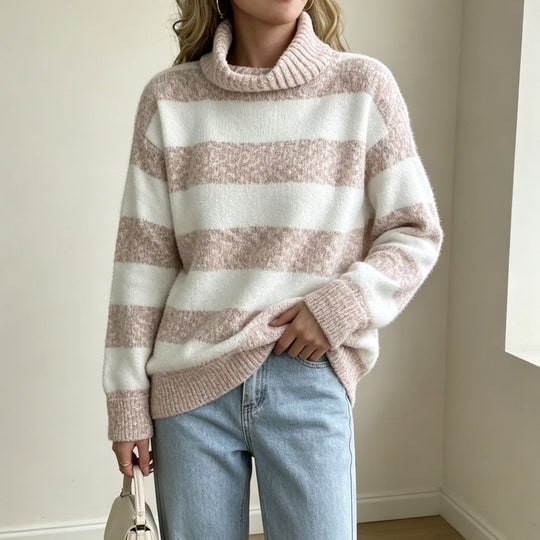 Damen Rollkragenpullover mit breiten Streifen und strukturiertem Bouclé-Strick EB