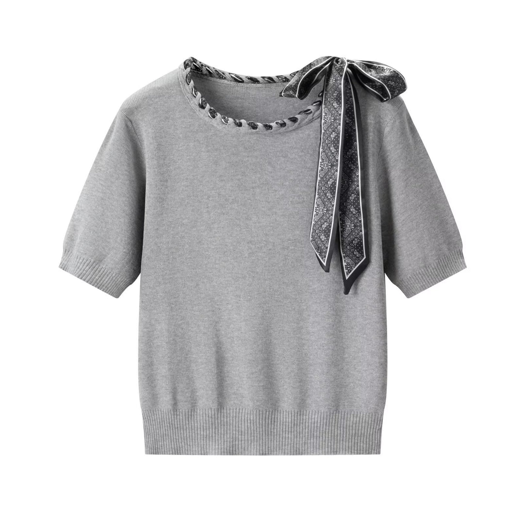 Damen Kurzarmpullover mit dekorativem Halsband und stylischem Schleifendetail EB